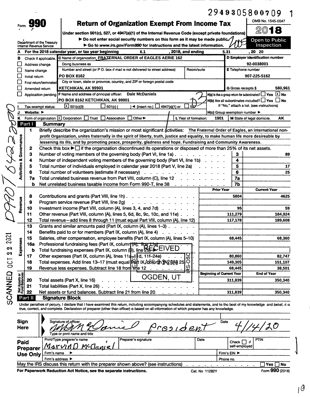 Image of first page of 2019 Form 990 for Fraternal Order of Eagles - 162 Aerie