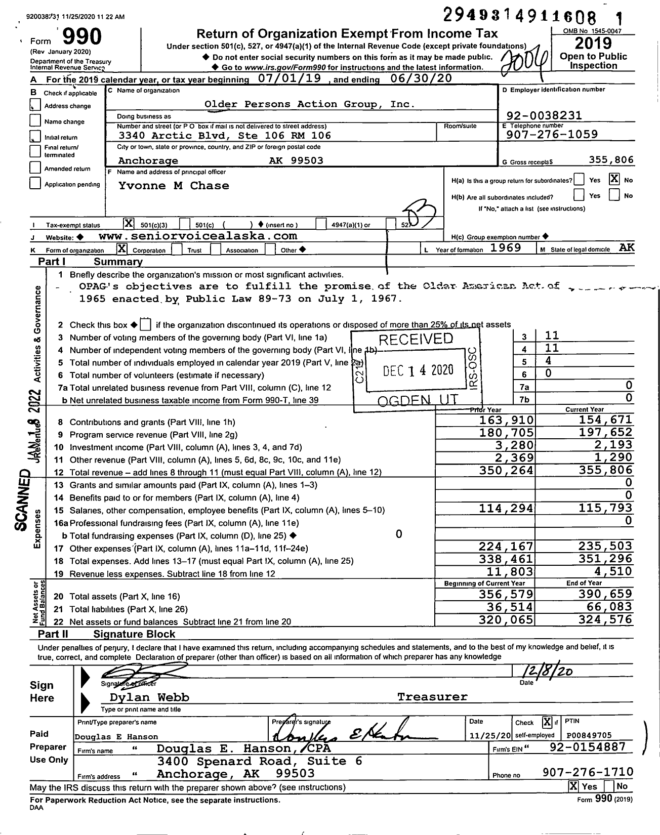 Image of first page of 2019 Form 990 for Older Persons Action Group