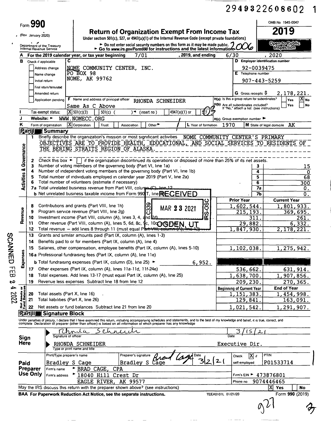 Image of first page of 2019 Form 990 for Nome Community Center