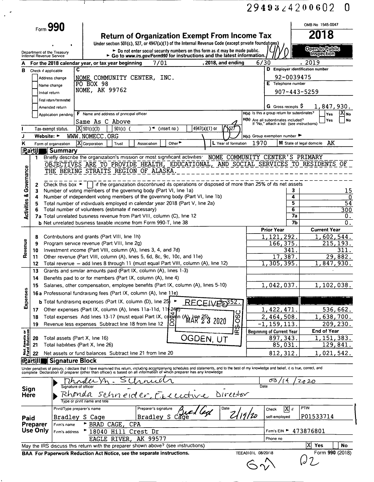 Image of first page of 2018 Form 990 for Nome Community Center