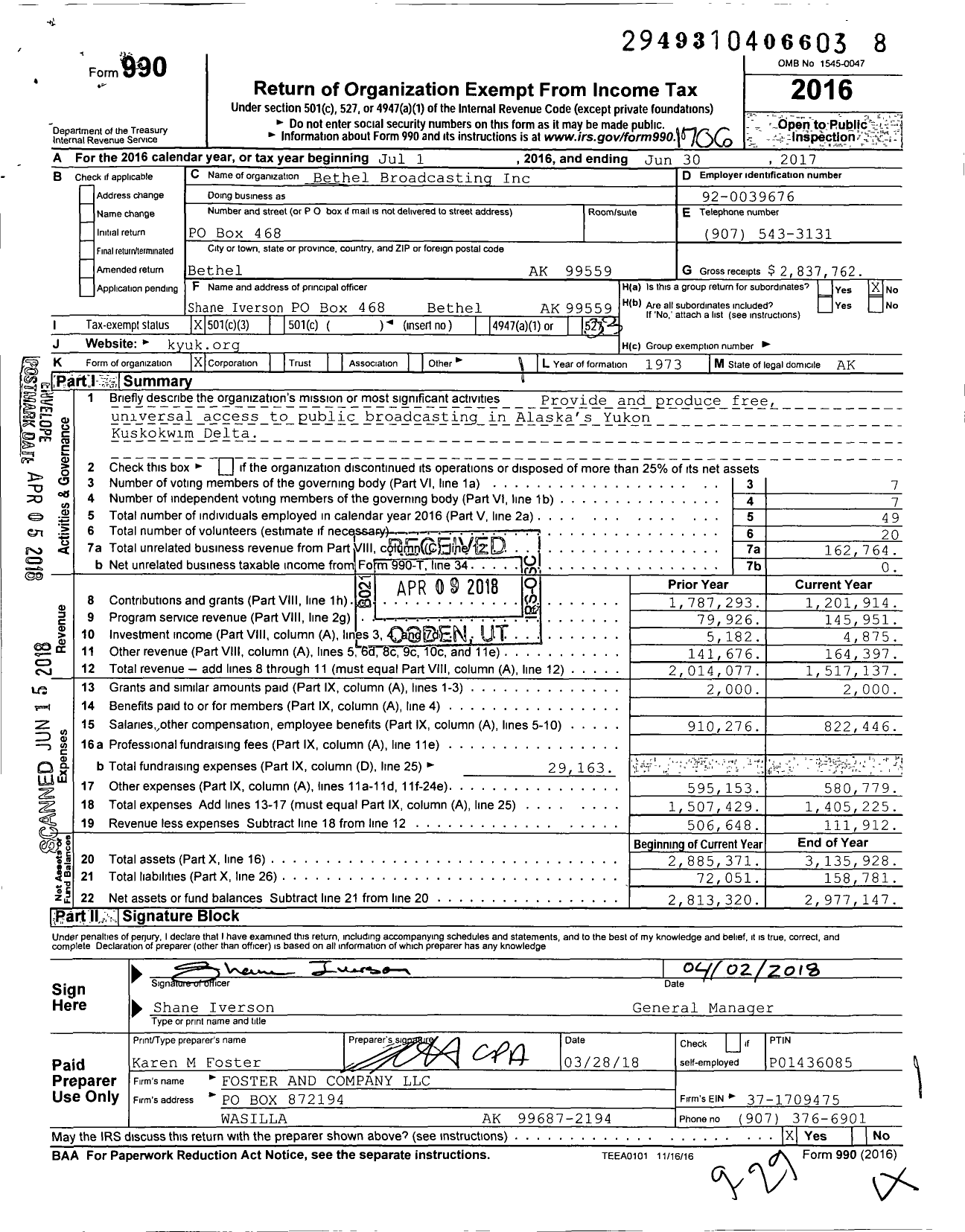 Image of first page of 2016 Form 990 for Bethel Broadcasting