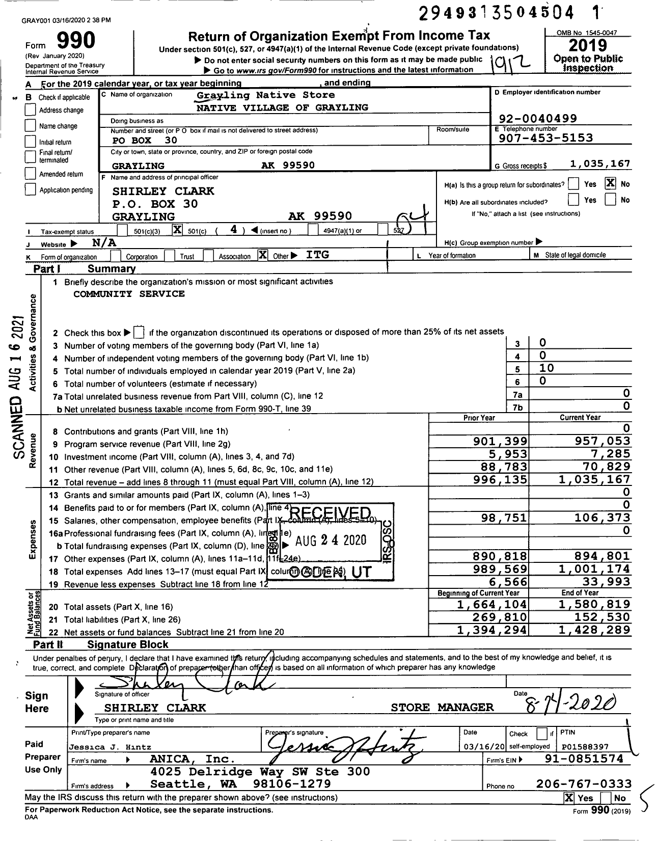 Image of first page of 2019 Form 990O for Grayling Native Store Native Village of Grayling