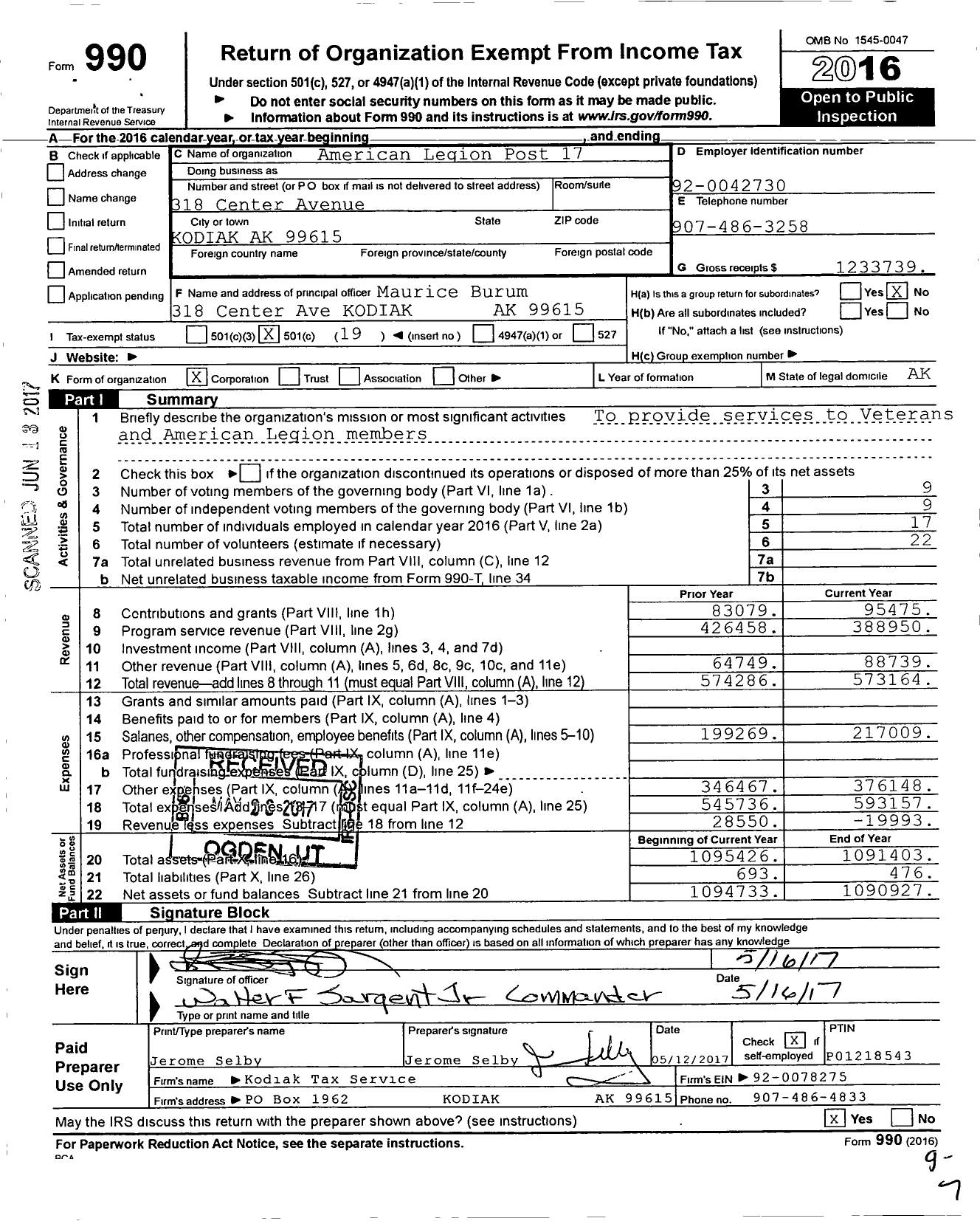 Image of first page of 2016 Form 990O for American Legion - 17 Robert G Blair