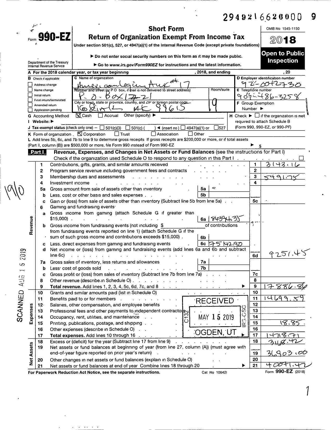 Image of first page of 2018 Form 990EO for American Legion - 17 Robert G Blair