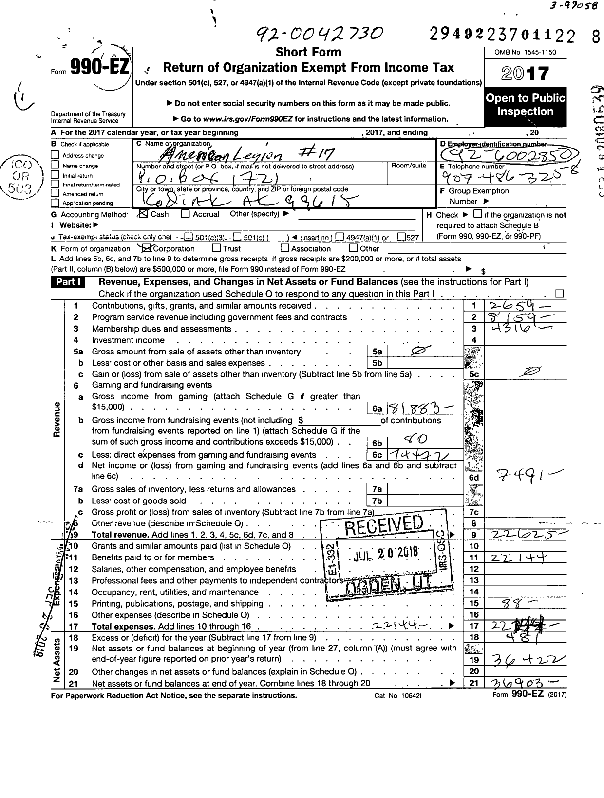 Image of first page of 2017 Form 990EO for American Legion - 17 Robert G Blair
