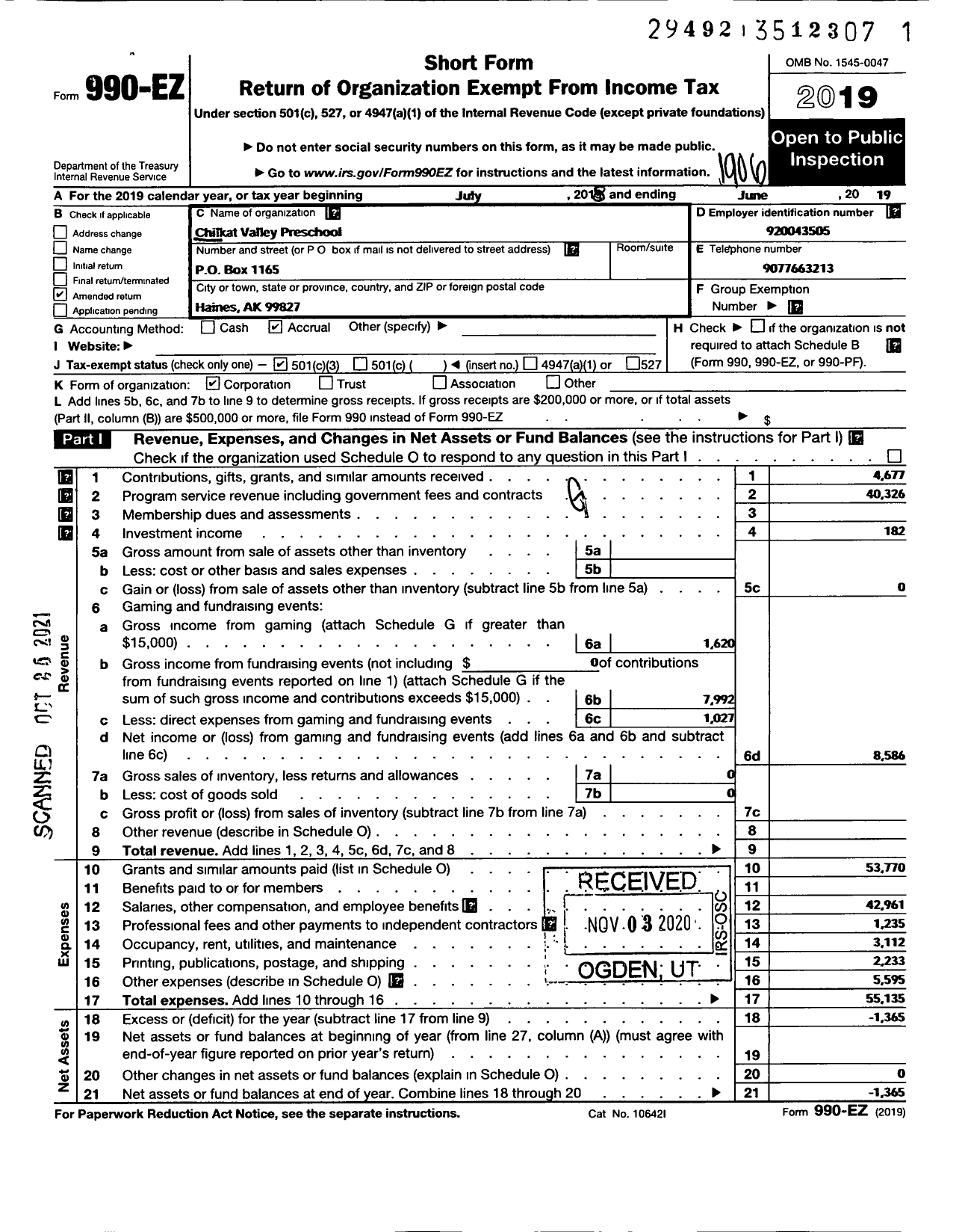 Image of first page of 2018 Form 990EZ for Chilkat Valley Pre-School