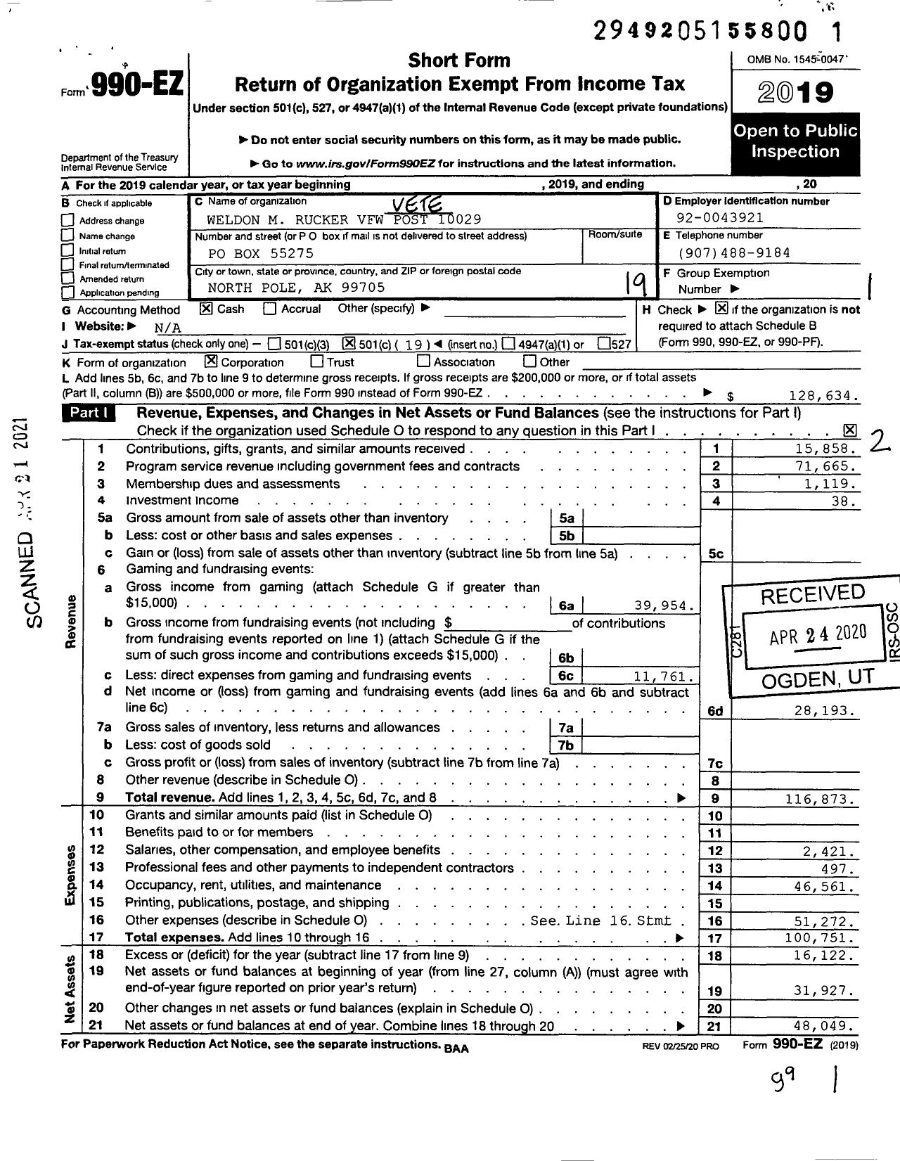 Image of first page of 2019 Form 990EO for Veterans of Foreign Wars Department of Alaska - 10029 Weldon M Rucker Post