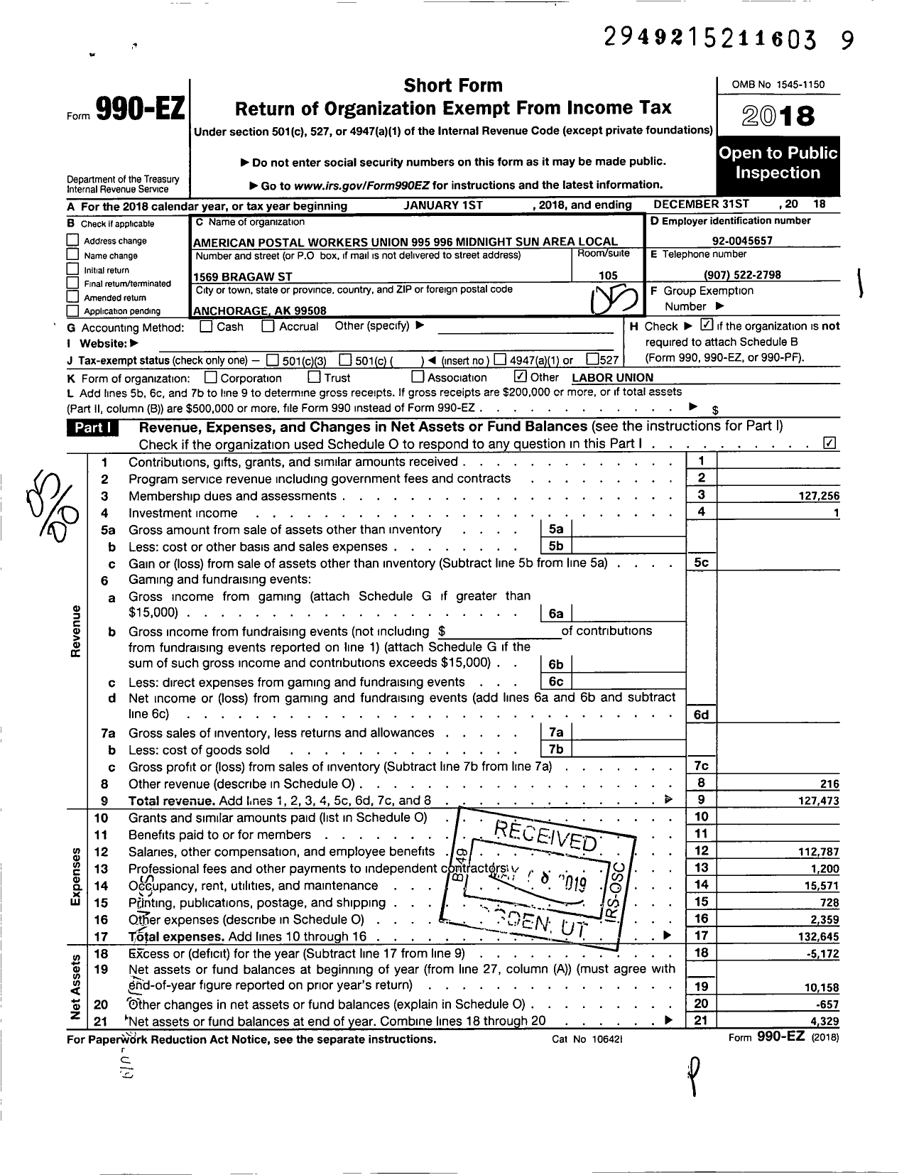 Image of first page of 2018 Form 990EO for American Postal Workers Union - 2756 Midnight Sun Area Local