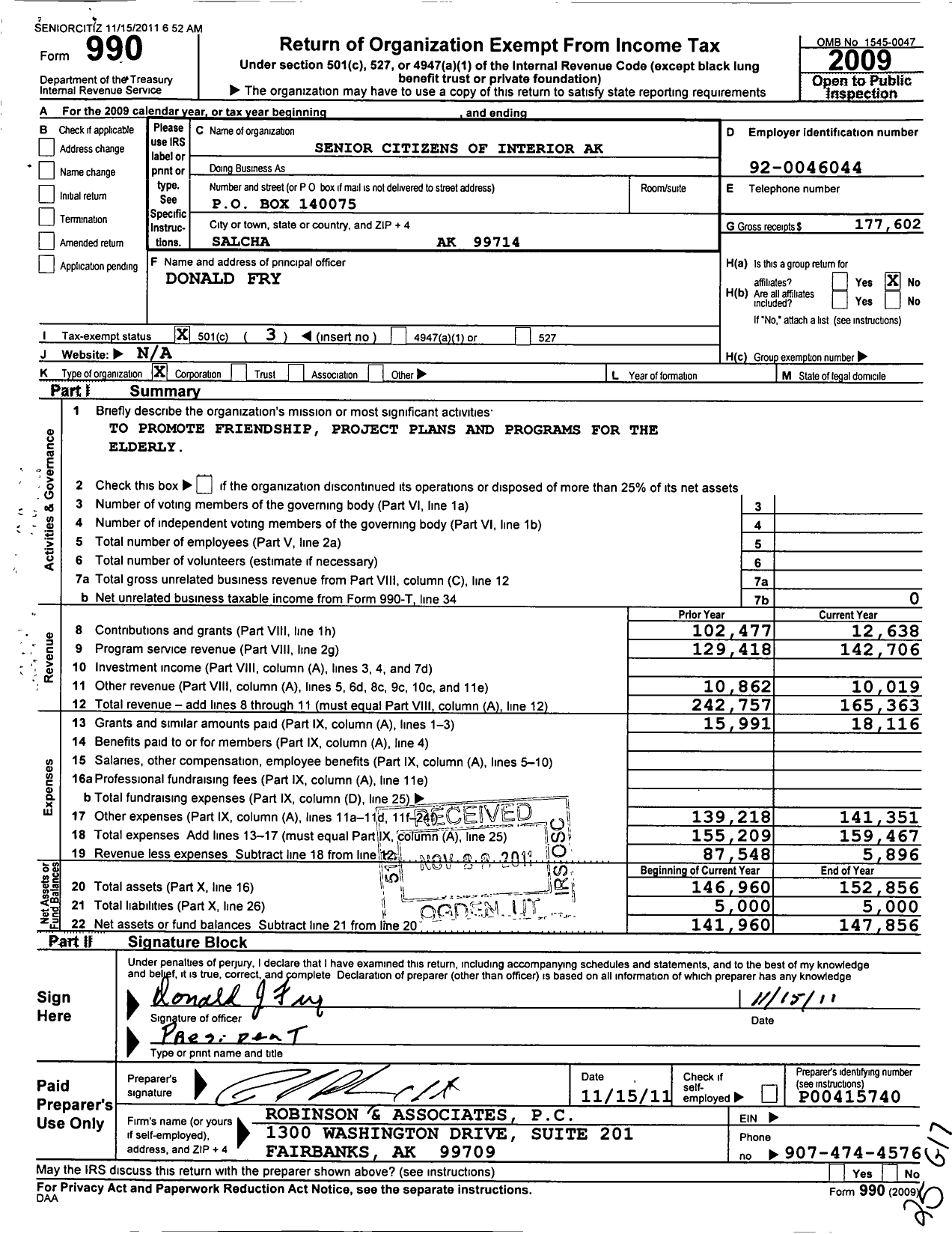 Image of first page of 2009 Form 990 for Senior Citizens of Interior Ak