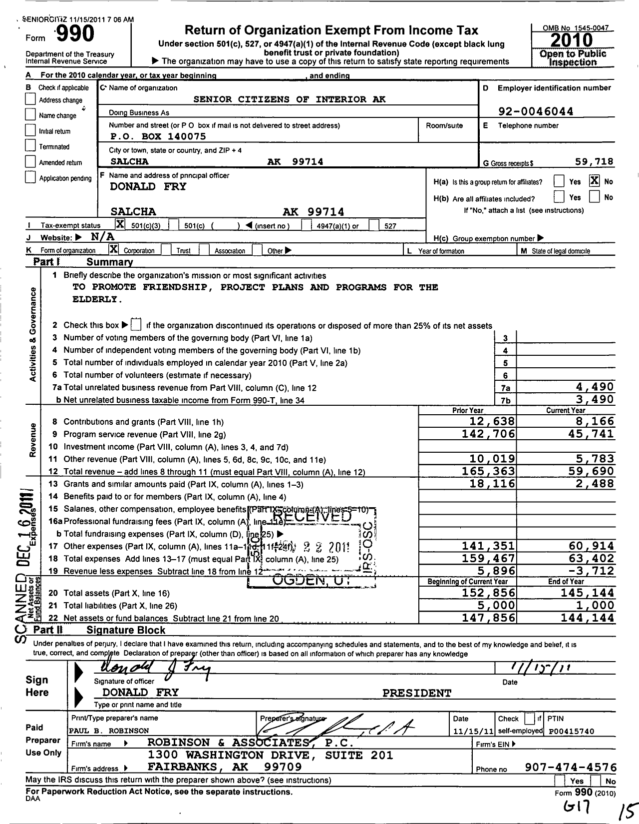 Image of first page of 2010 Form 990 for Senior Citizens of Interior Ak