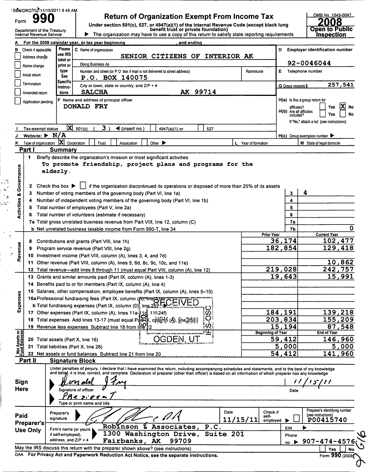 Image of first page of 2008 Form 990 for Senior Citizens of Interior Ak