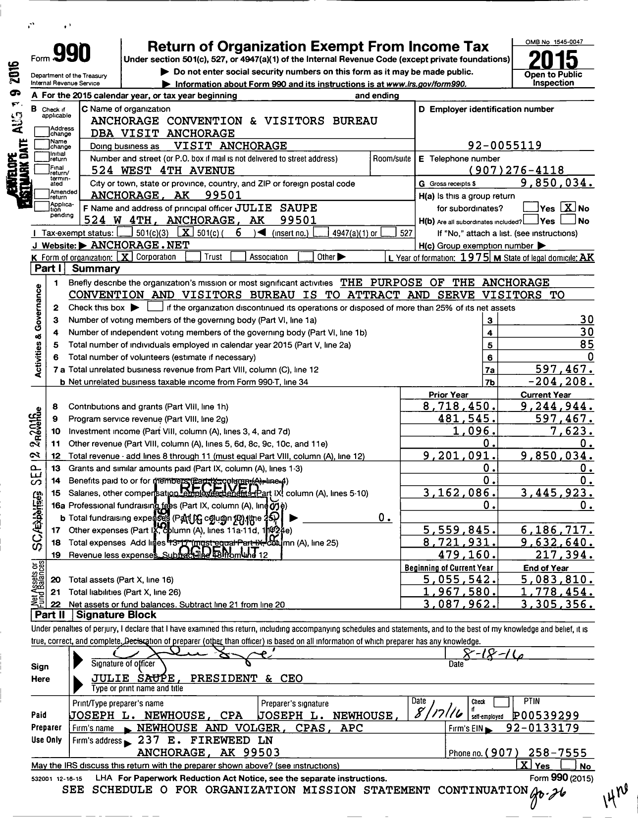 Image of first page of 2015 Form 990O for Visit Anchorage
