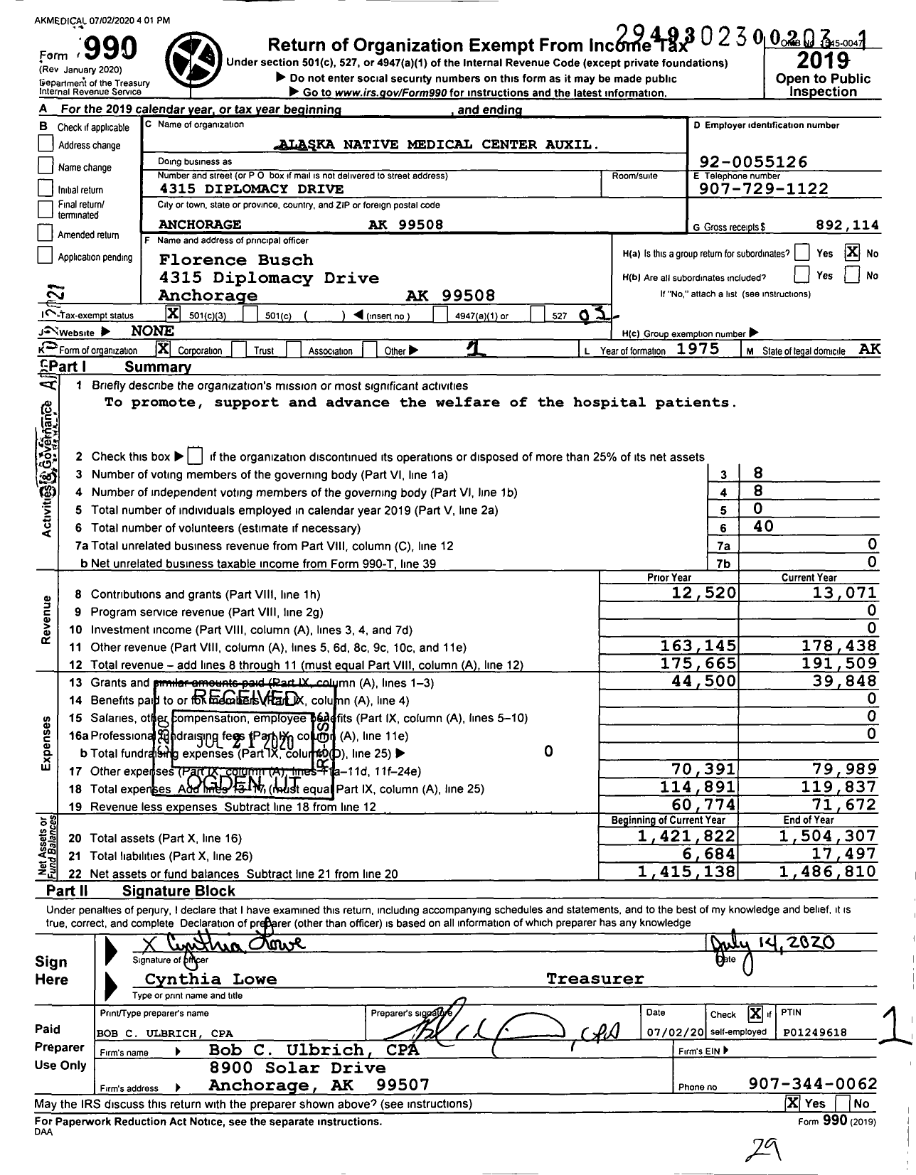 Image of first page of 2019 Form 990 for Alaska Native Medical Center Auxil