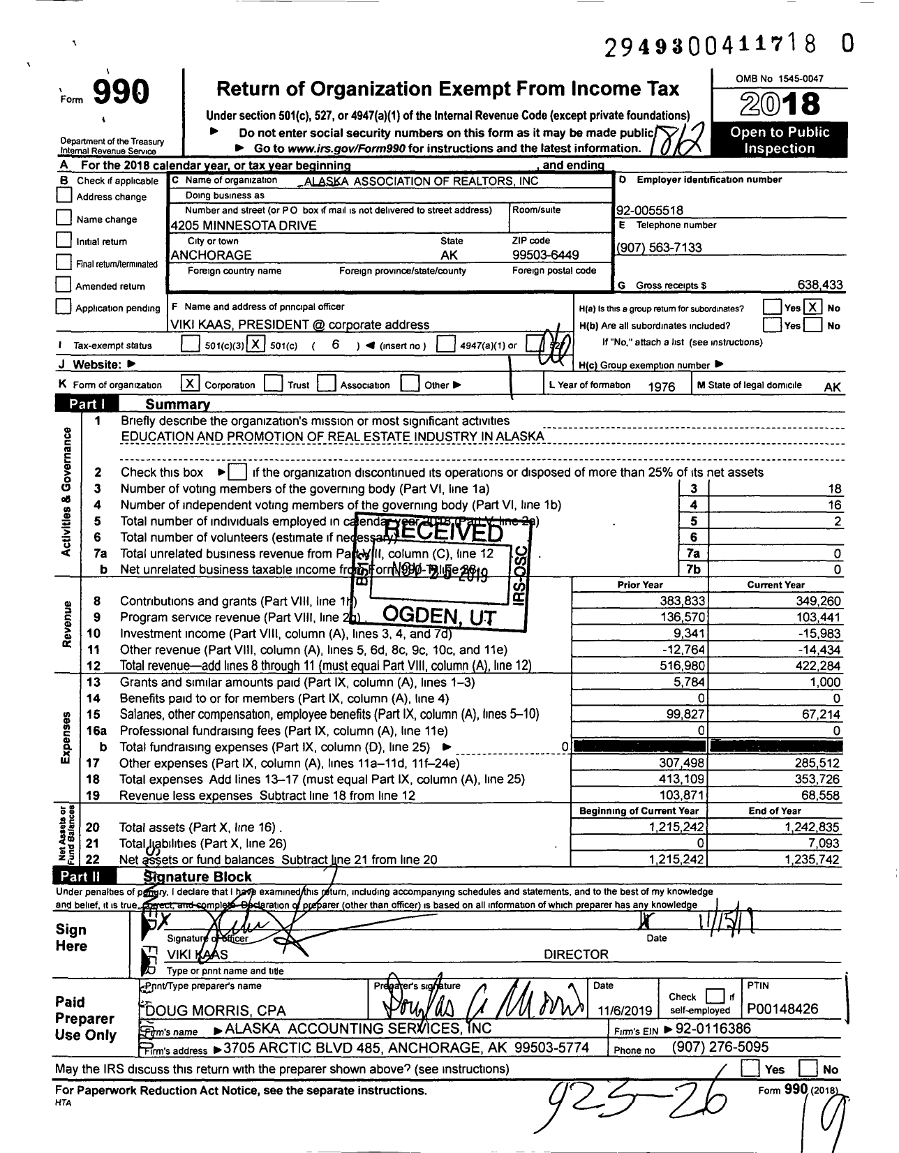 Image of first page of 2018 Form 990O for Alaska Association of Realtors