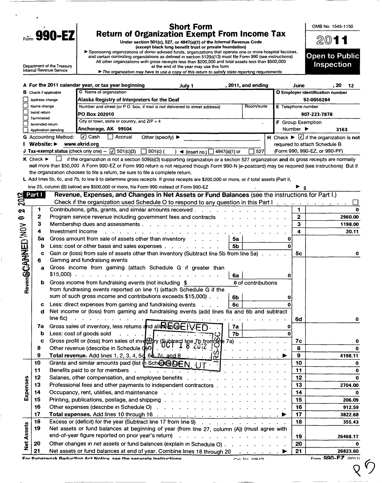 Image of first page of 2011 Form 990EZ for REGiSTRY OF Interpreters FOR THE DEAF / Alaska Registry