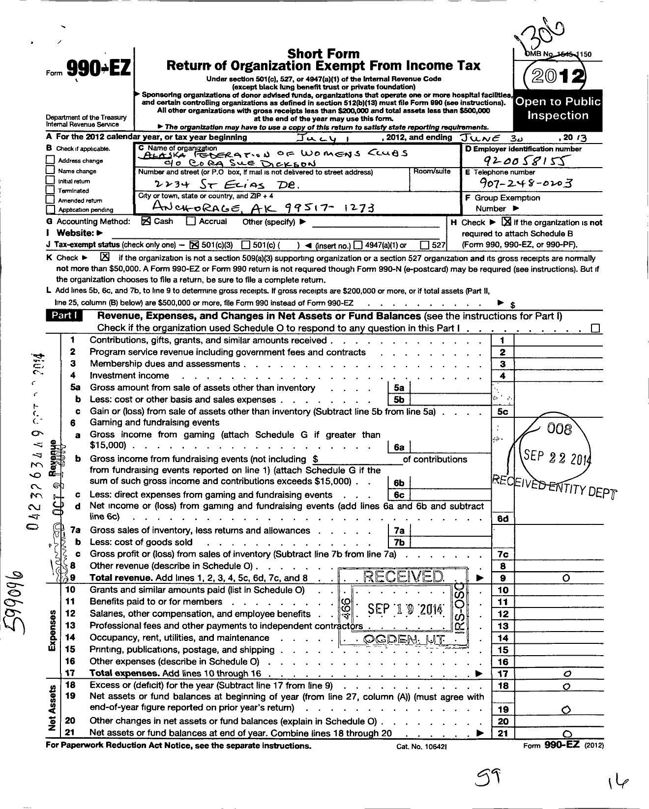 Image of first page of 2012 Form 990EZ for Alaska Federation of Womens Clubs