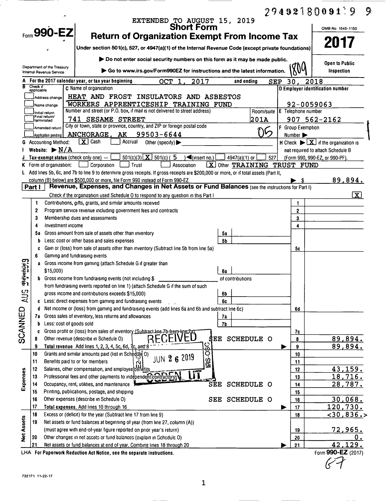 Image of first page of 2017 Form 990EO for Heat and Frost Insulators and Asbestos Workers Apprenticeship Training Fund