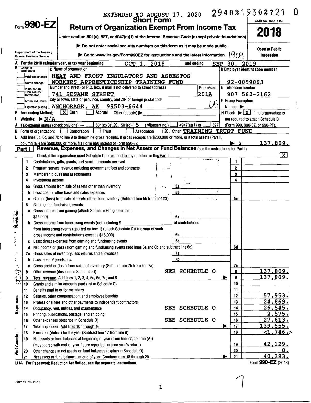 Image of first page of 2018 Form 990EO for Heat and Frost Insulators and Asbestos Workers Apprenticeship Training Fund