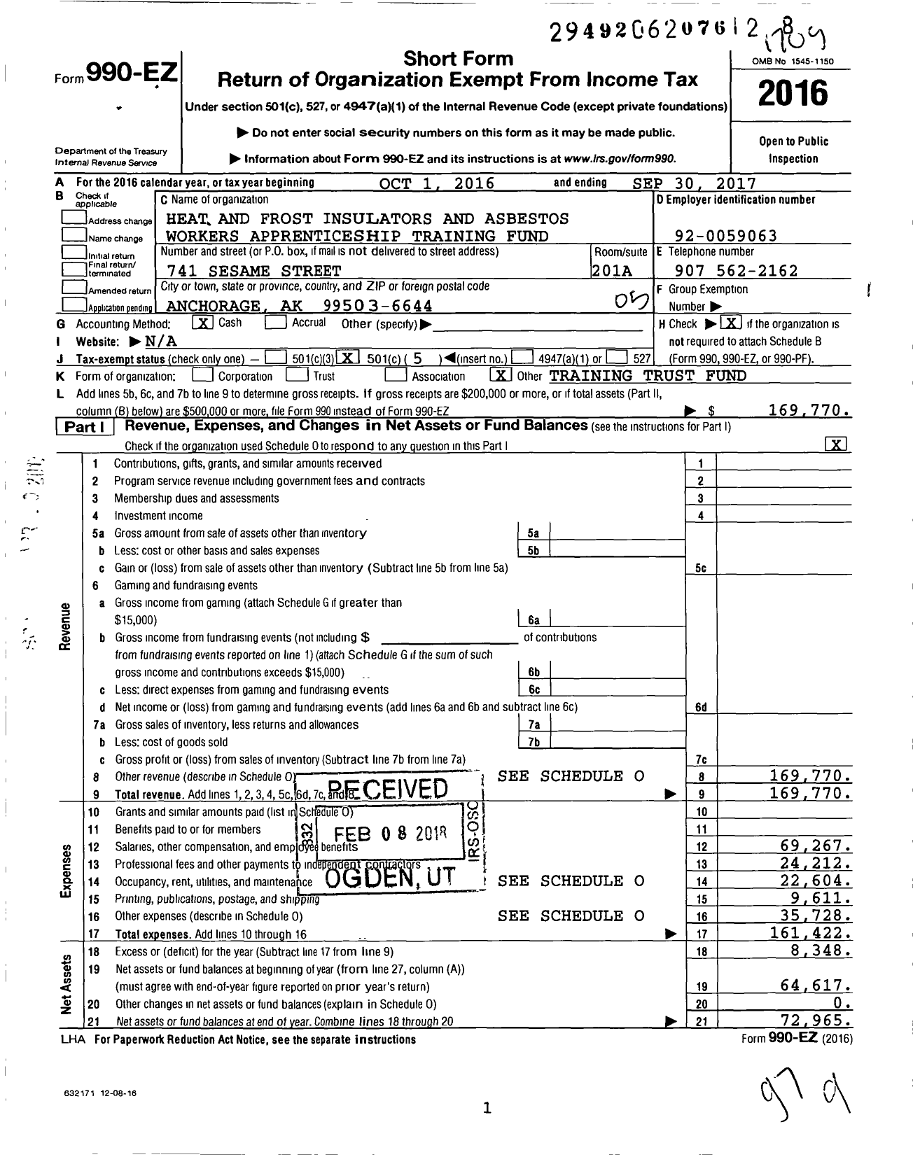 Image of first page of 2016 Form 990EO for Heat and Frost Insulators and Asbestos Workers Apprenticeship Training Fund