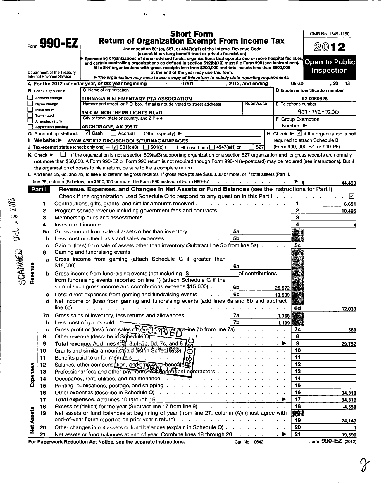 Image of first page of 2012 Form 990EZ for Alaska PTA / Turnagain Elem PTA