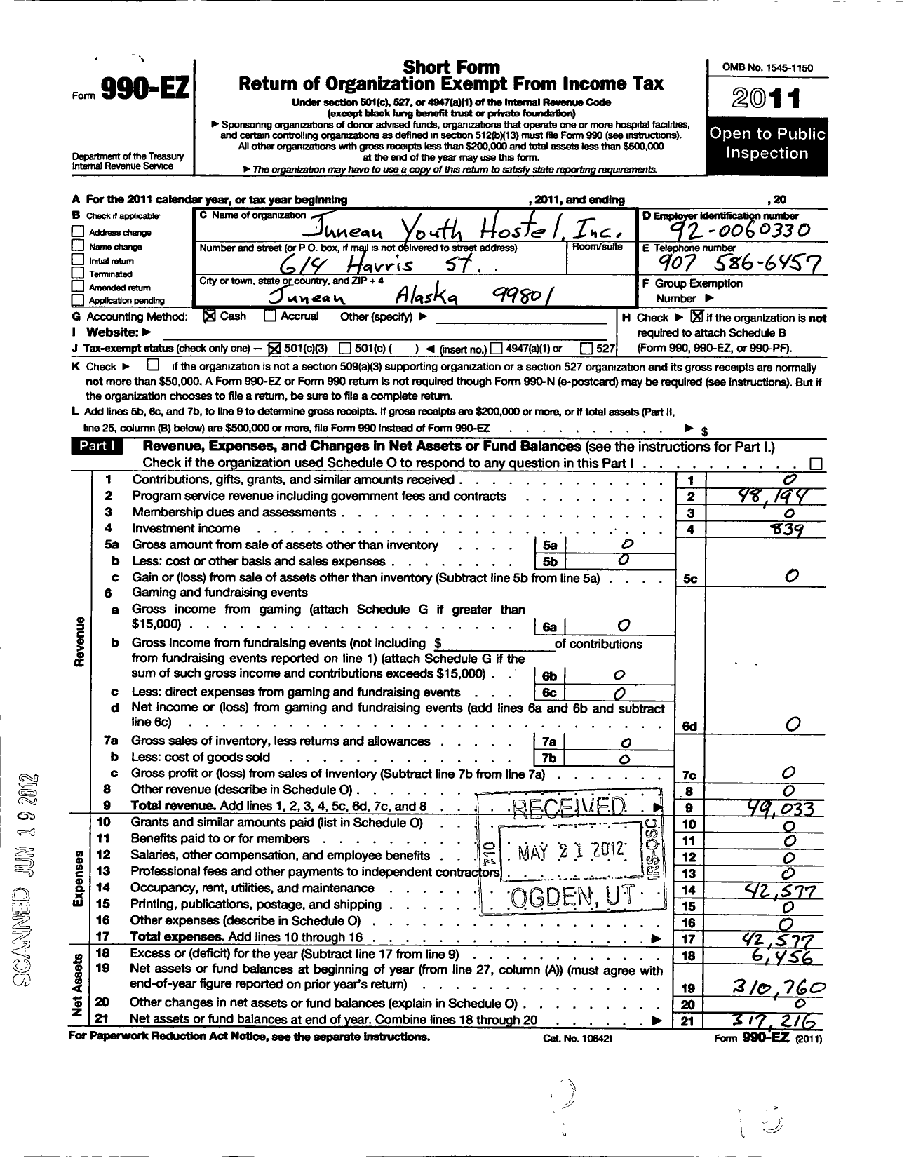 Image of first page of 2011 Form 990EZ for Juneau Youth Hostel