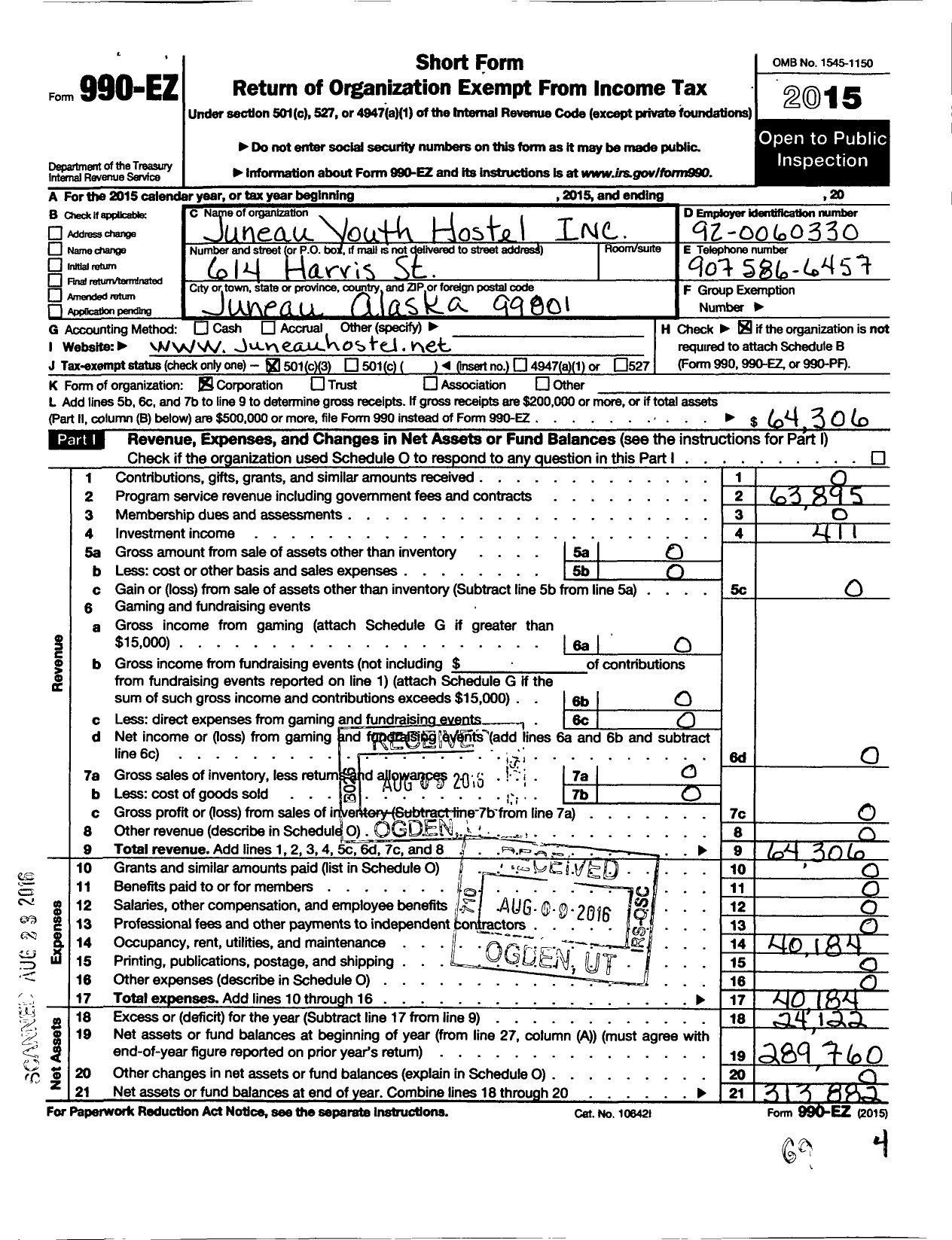 Image of first page of 2015 Form 990EZ for Juneau Youth Hostel