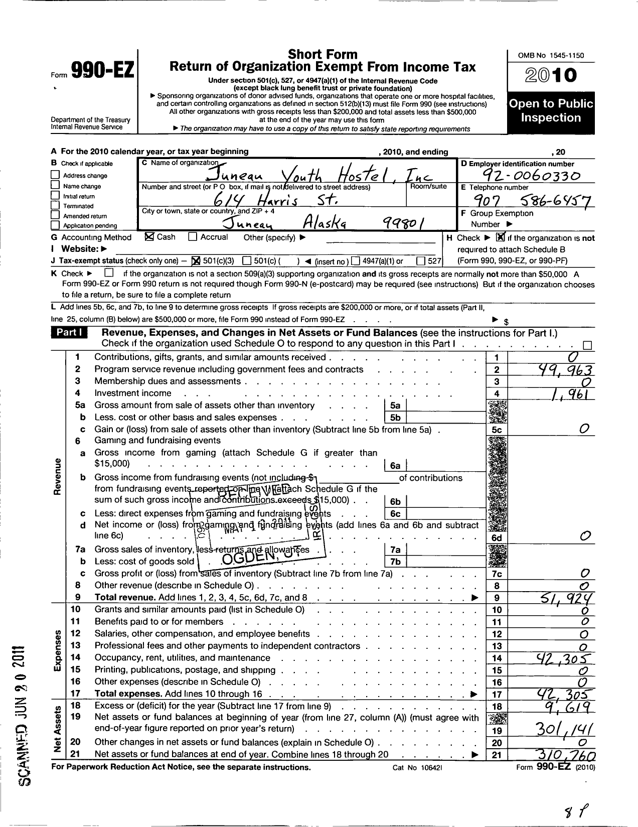 Image of first page of 2010 Form 990EZ for Juneau Youth Hostel