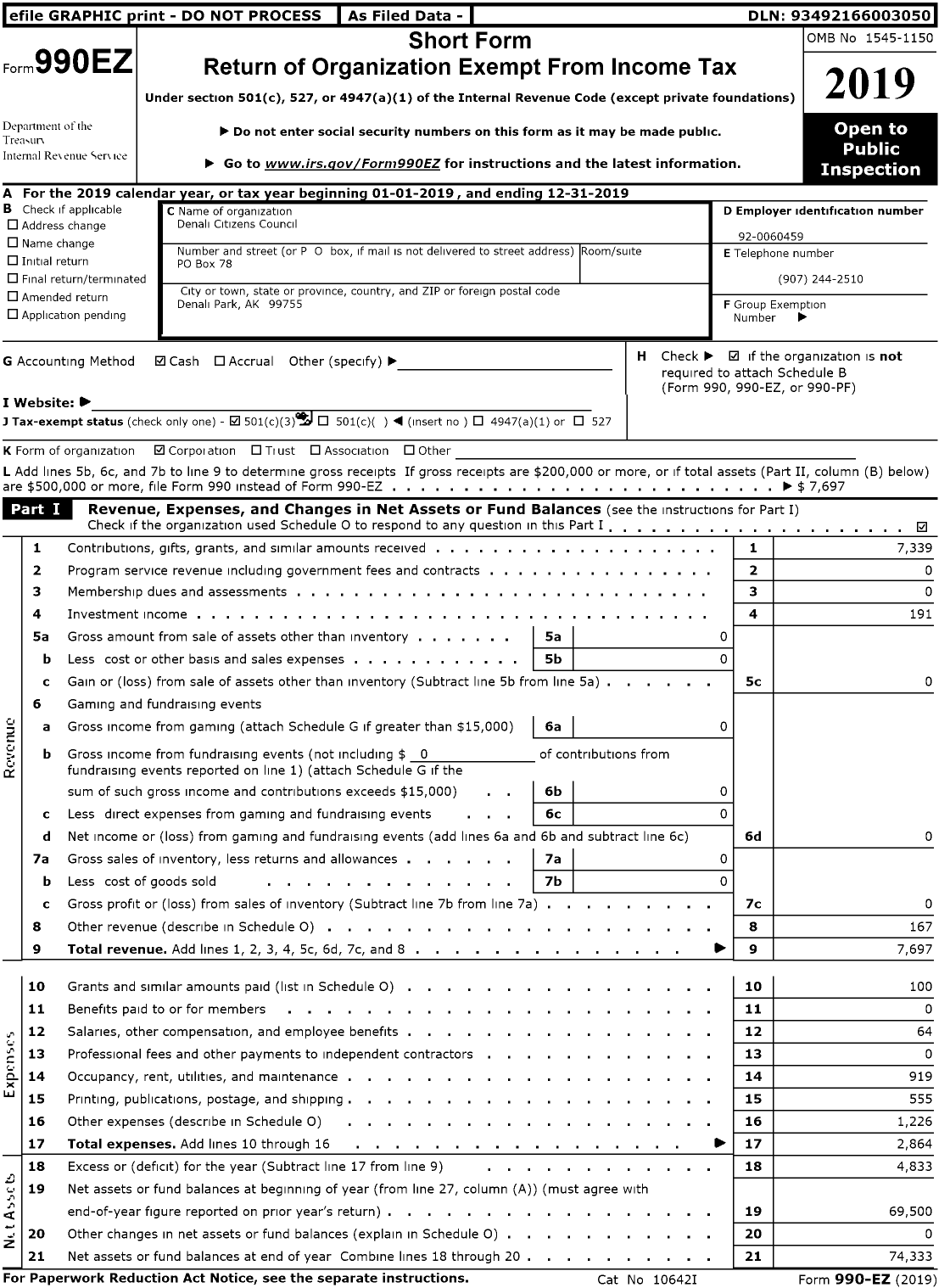Image of first page of 2019 Form 990EZ for Denali Citizens Council