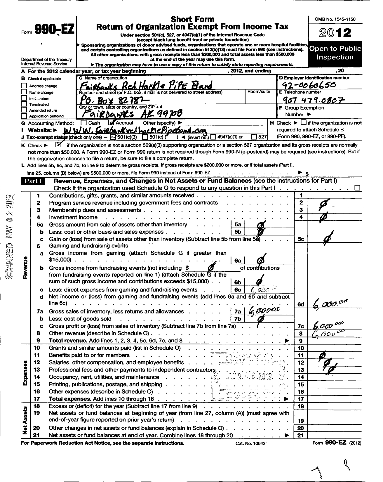 Image of first page of 2012 Form 990EZ for Fairbanks Red Hackle Pipe Band