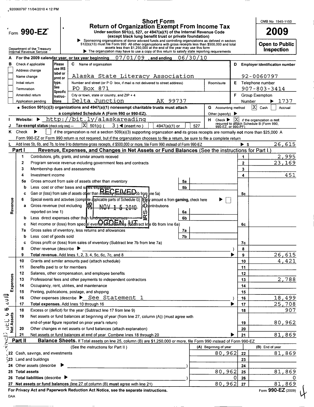 Image of first page of 2009 Form 990EZ for International Reading Association / Alaska State Literacy Association