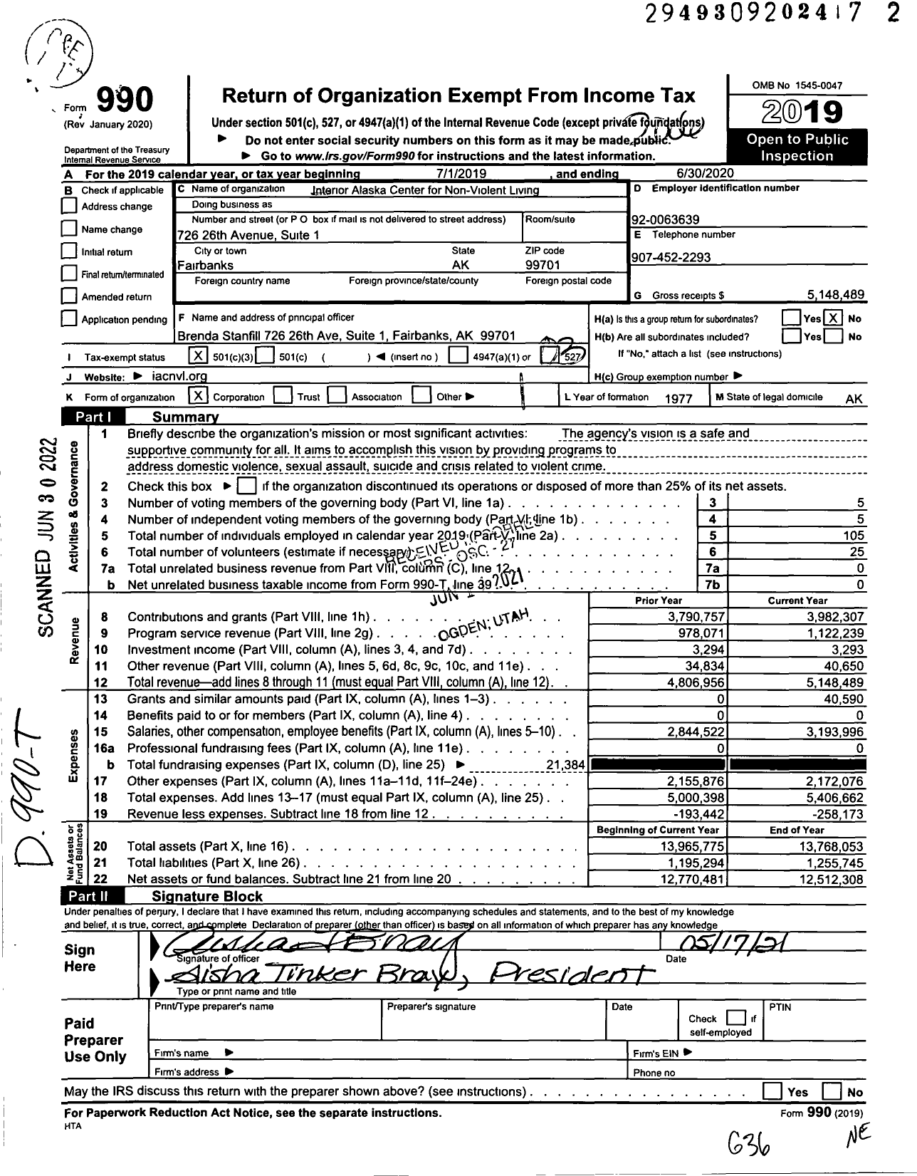 Image of first page of 2019 Form 990 for Interior Alaska Center for Non-Violent Living (IAC)