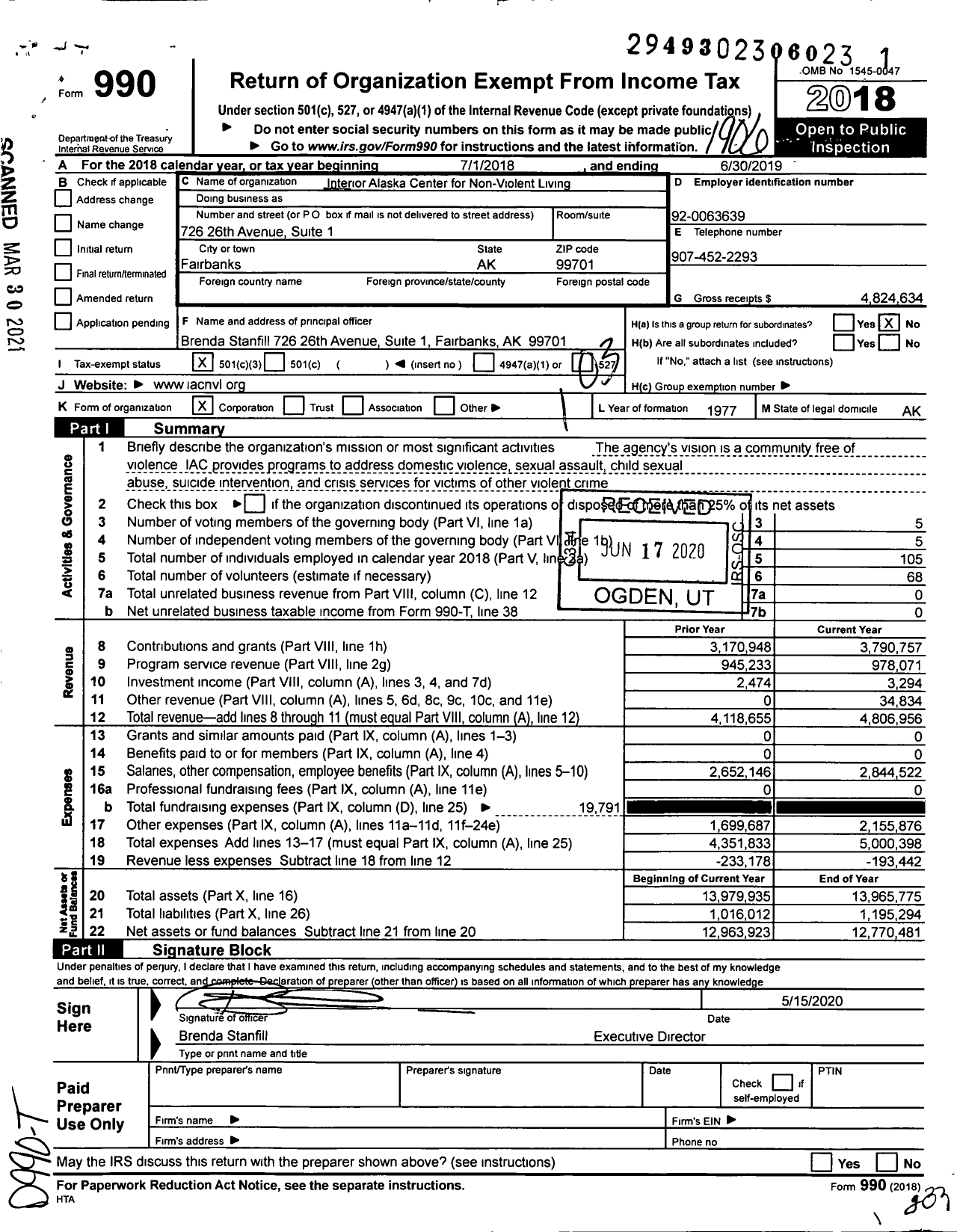 Image of first page of 2018 Form 990 for Interior Alaska Center for Non-Violent Living (IAC)