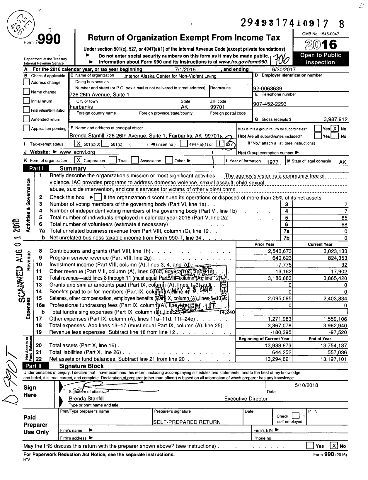 Image of first page of 2016 Form 990 for Interior Alaska Center for Non-Violent Living (IAC)