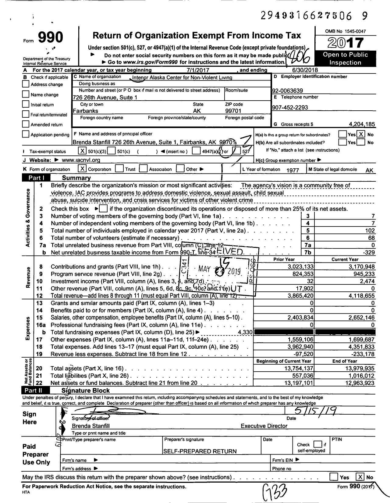 Image of first page of 2017 Form 990 for Interior Alaska Center for Non-Violent Living (IAC)