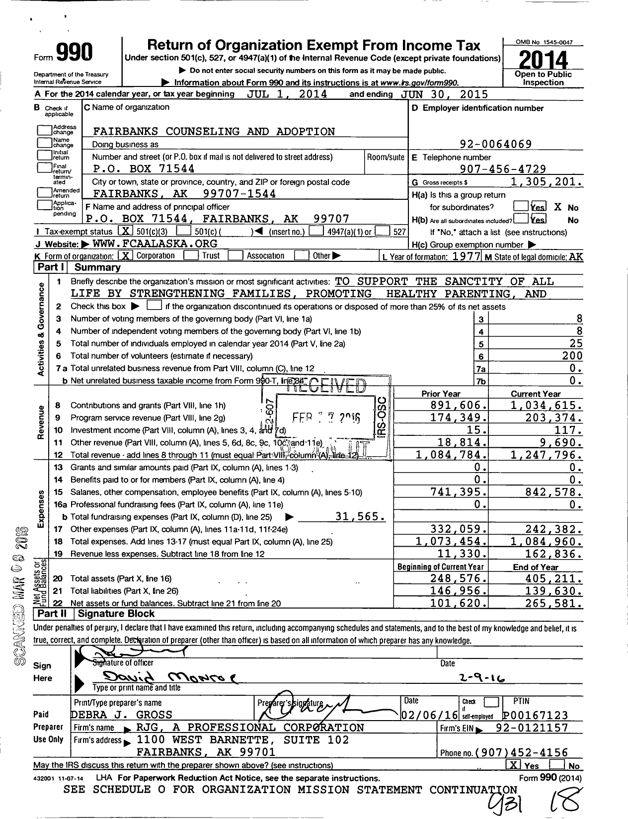 Image of first page of 2014 Form 990 for Fairbanks Counseling and Adoption