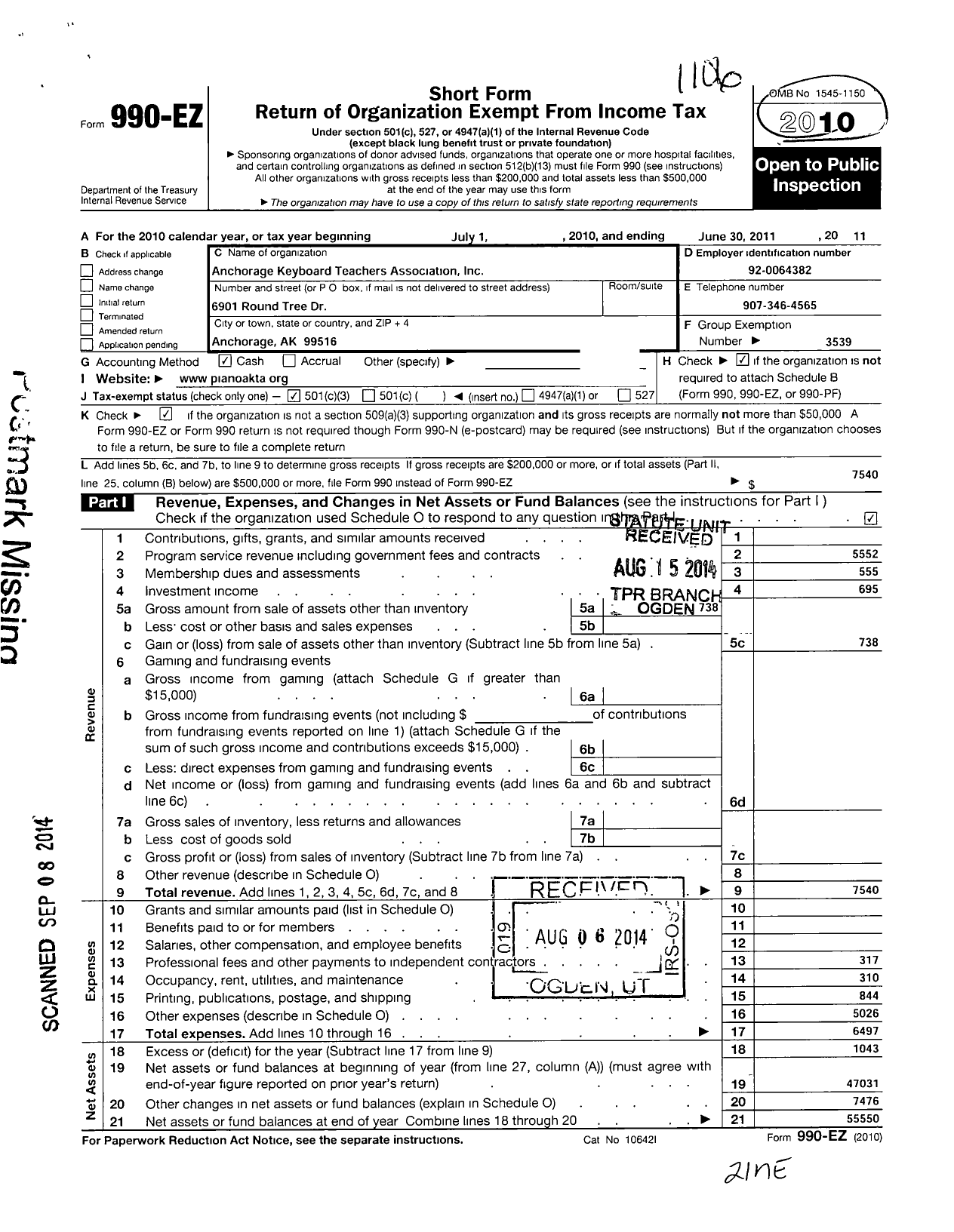 Image of first page of 2010 Form 990EZ for Anchorage Keyboard Teachers Association