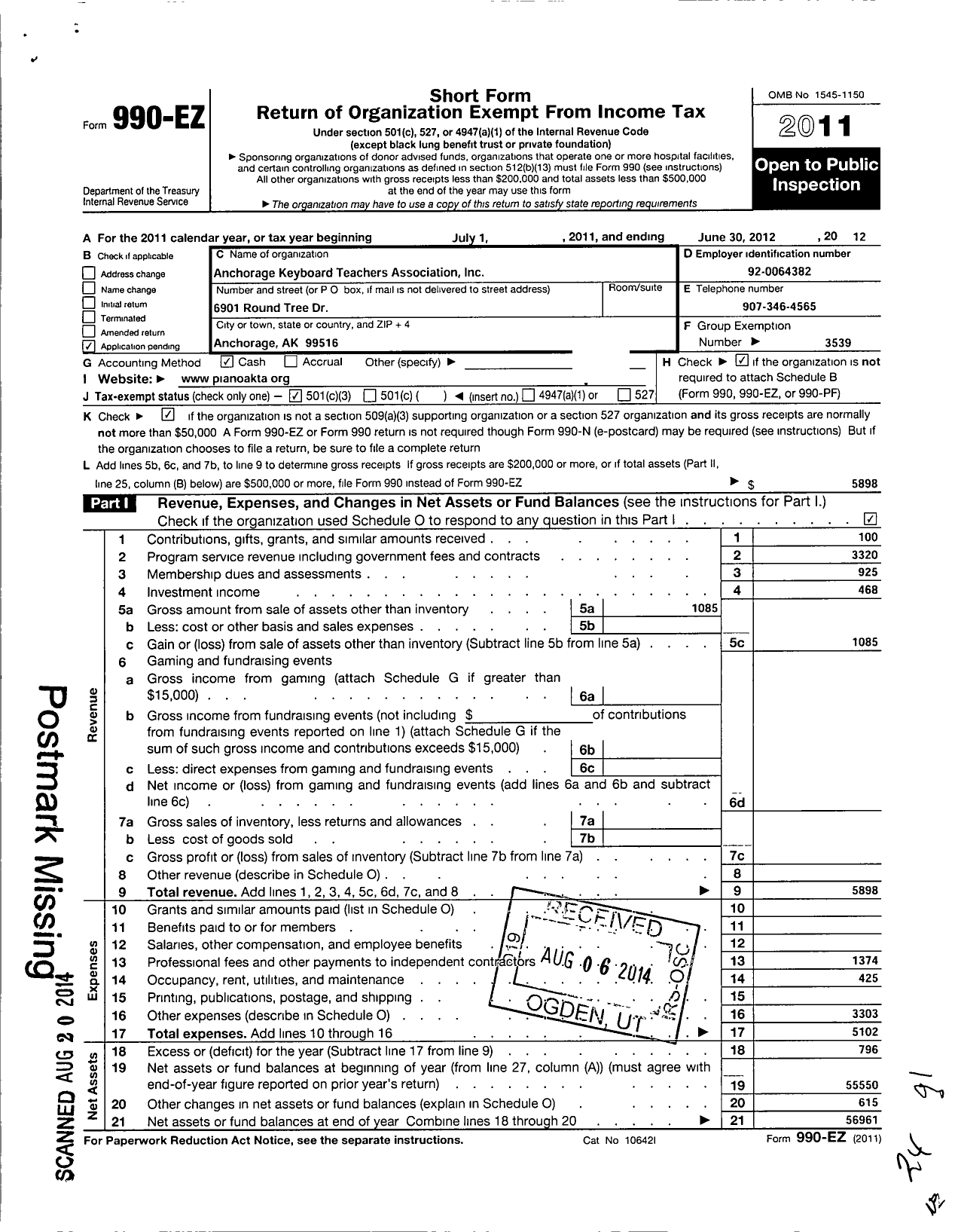 Image of first page of 2011 Form 990EZ for Anchorage Keyboard Teachers Association