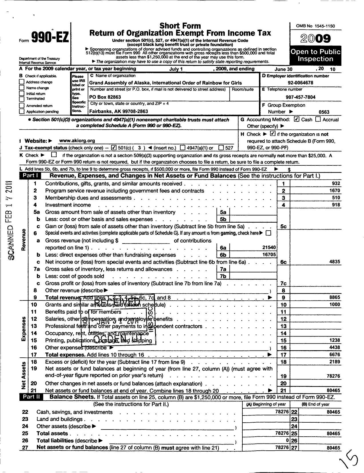 Image of first page of 2009 Form 990EZ for International Order of the Rainbow Girls - Alaska Grand Assembly