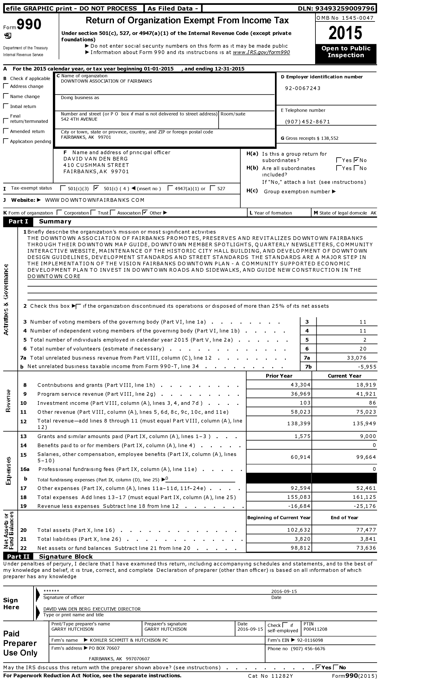 Image of first page of 2015 Form 990O for Downtown Association of Fairbanks