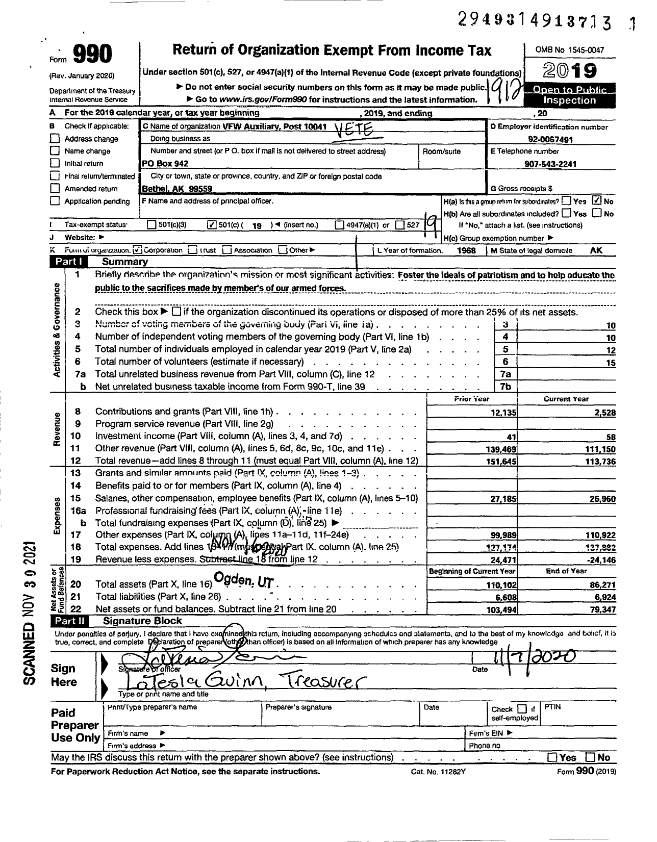 Image of first page of 2019 Form 990O for Veterans Of Foreign Wars Department Of Alaska - VFW Auxiliary Post 10041