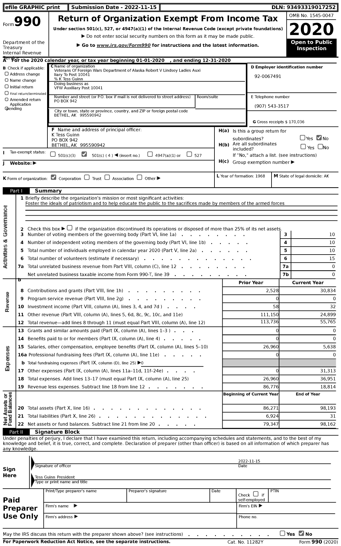 Image of first page of 2020 Form 990 for Veterans Of Foreign Wars Department Of Alaska - VFW Auxiliary Post 10041