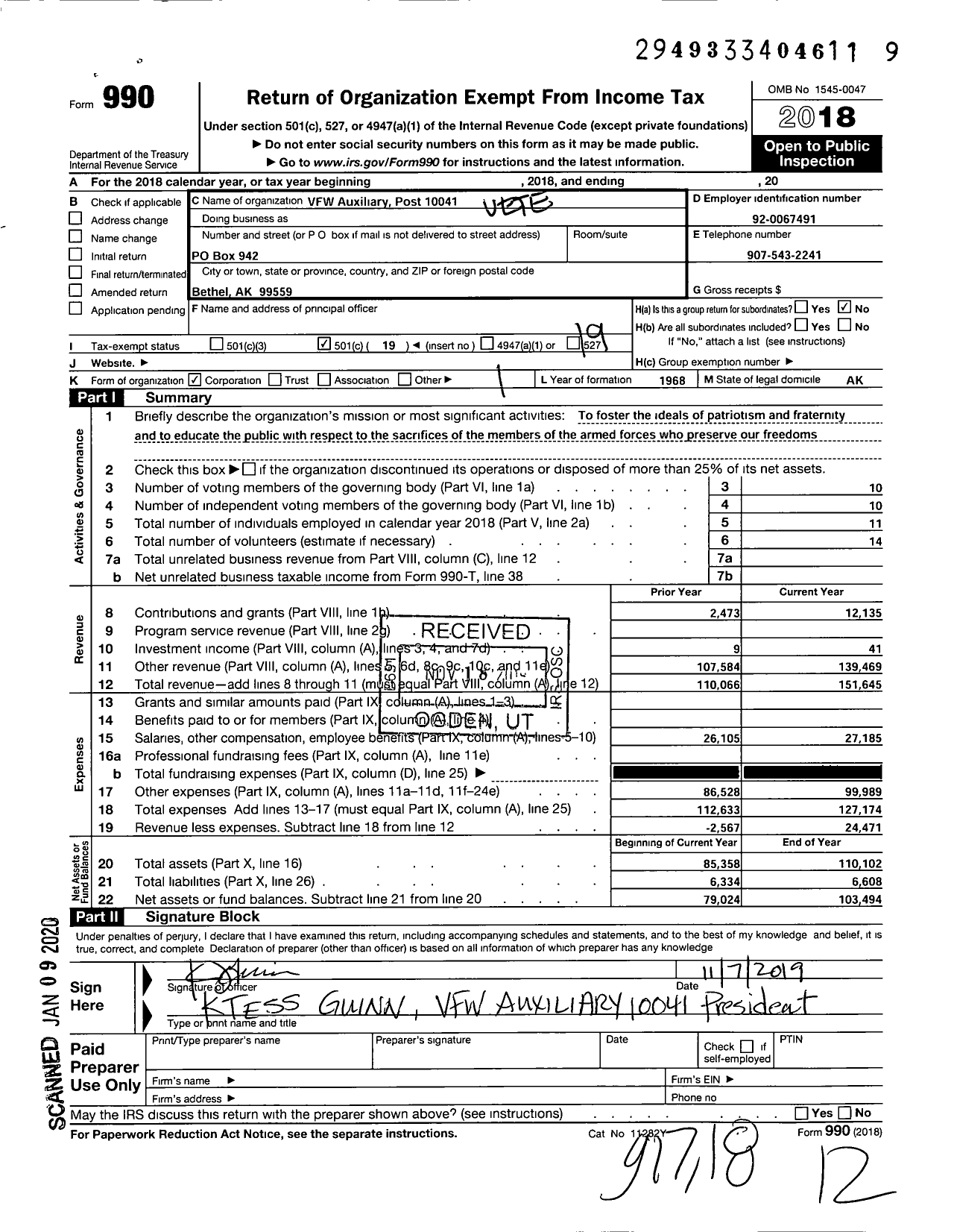 Image of first page of 2018 Form 990O for Veterans Of Foreign Wars Department Of Alaska - VFW Auxiliary Post 10041