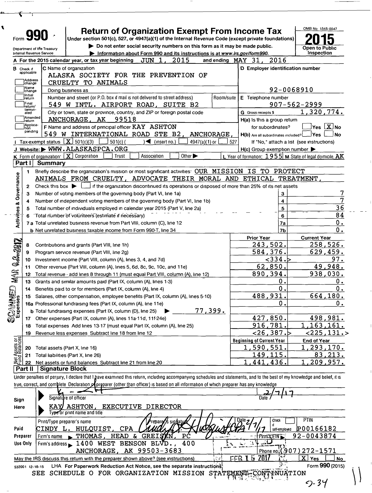 Image of first page of 2015 Form 990 for Alaska Society for the Prevention of Cruelty To Animals