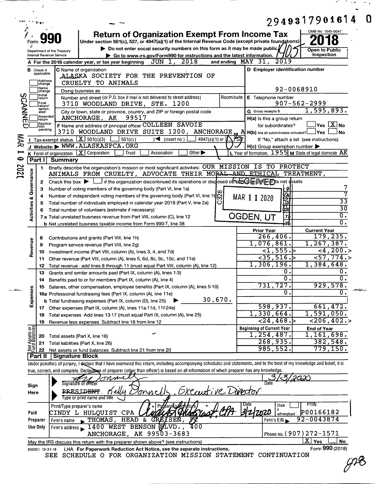 Image of first page of 2018 Form 990 for Alaska Society for the Prevention of Cruelty To Animals