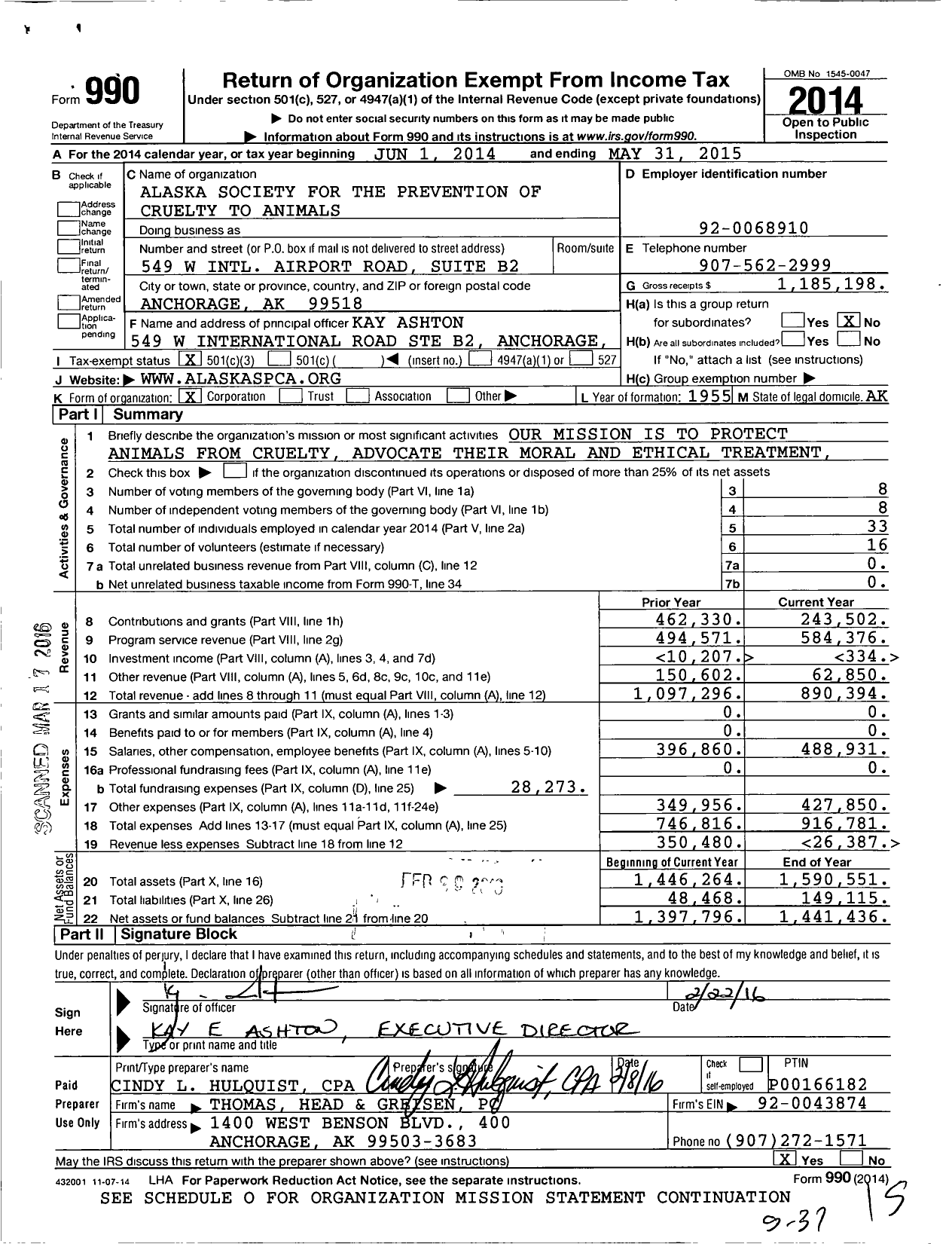 Image of first page of 2014 Form 990 for Alaska Society for the Prevention of Cruelty To Animals