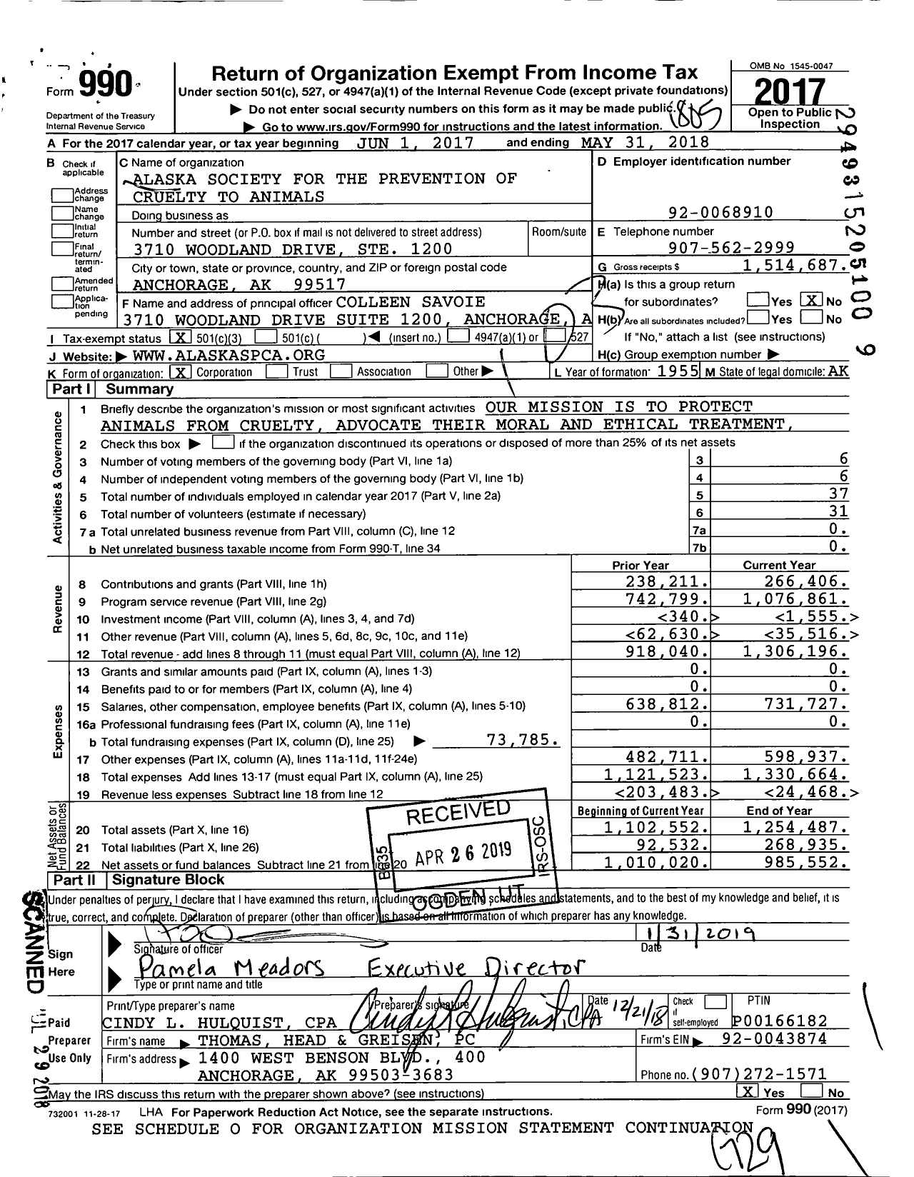 Image of first page of 2017 Form 990 for Alaska Society for the Prevention of Cruelty To Animals