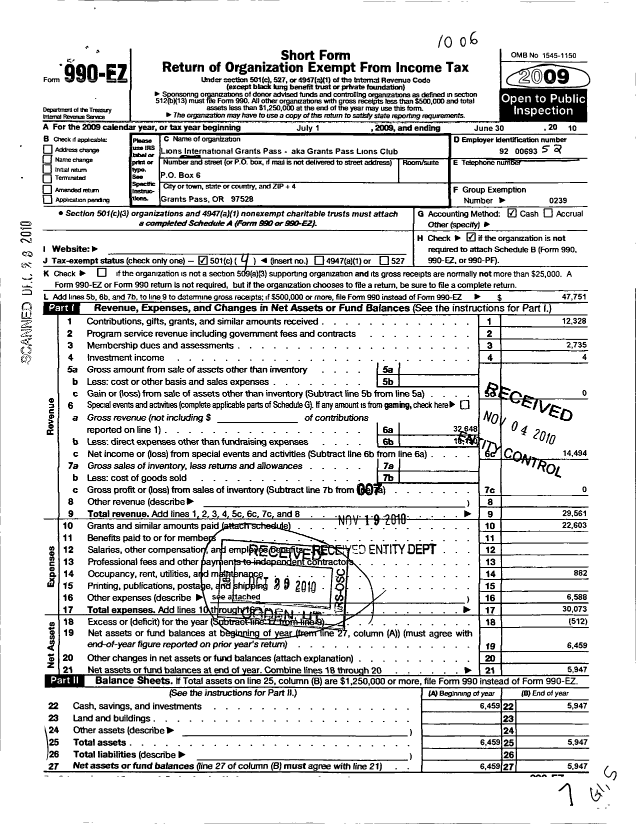 Image of first page of 2009 Form 990EO for Lions Clubs - Grants Pass Lions Club