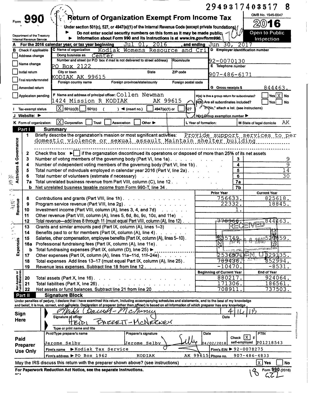 Image of first page of 2016 Form 990 for Kodiak Womens Resource and Crisis Center