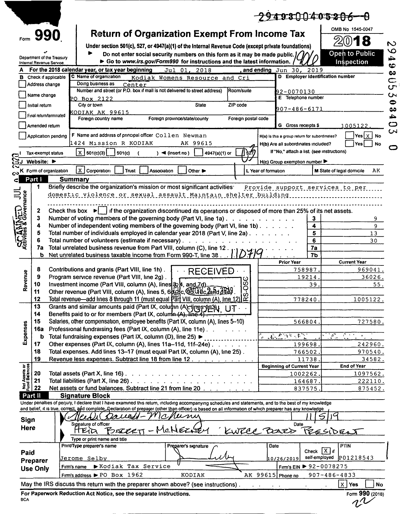 Image of first page of 2018 Form 990 for Kodiak Womens Resource and Crisis Center