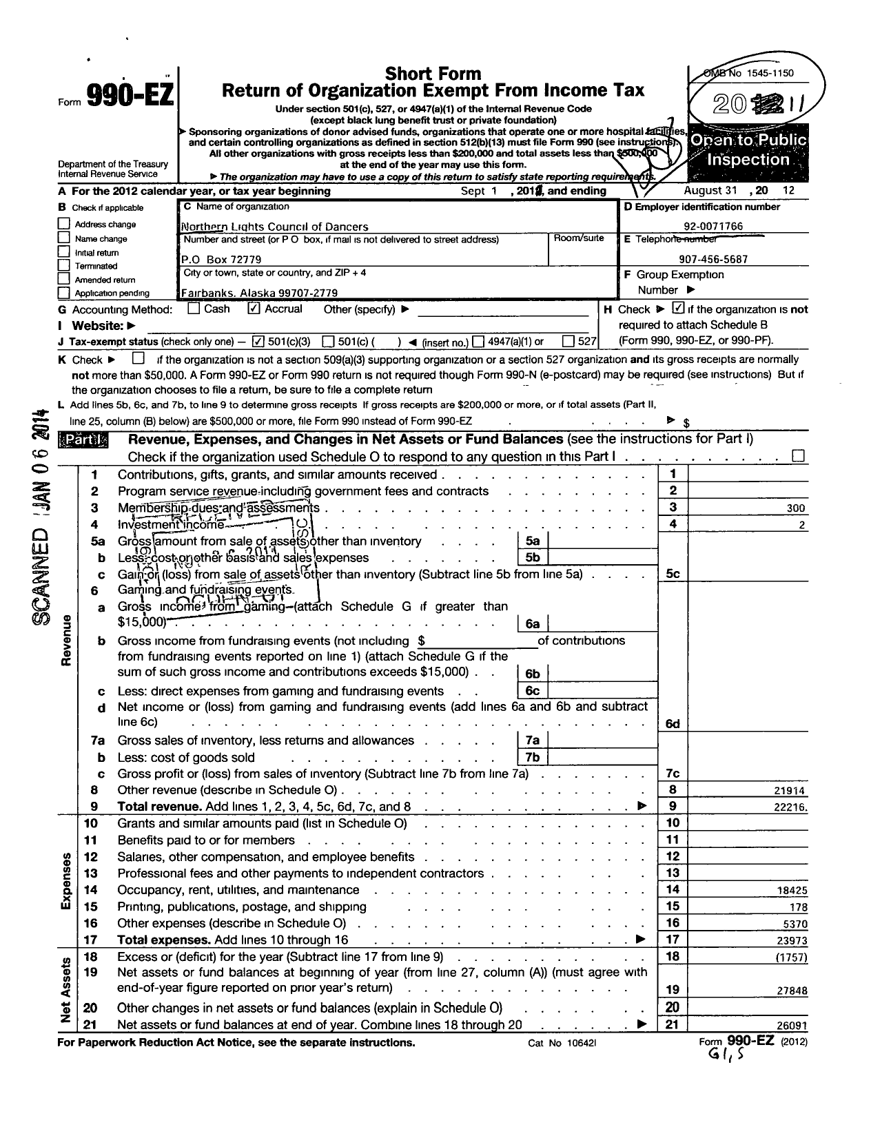 Image of first page of 2011 Form 990EZ for Northern Lights Council of Dancers